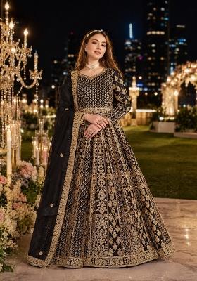 Black Embroidery Net Anarkali With Dupatta