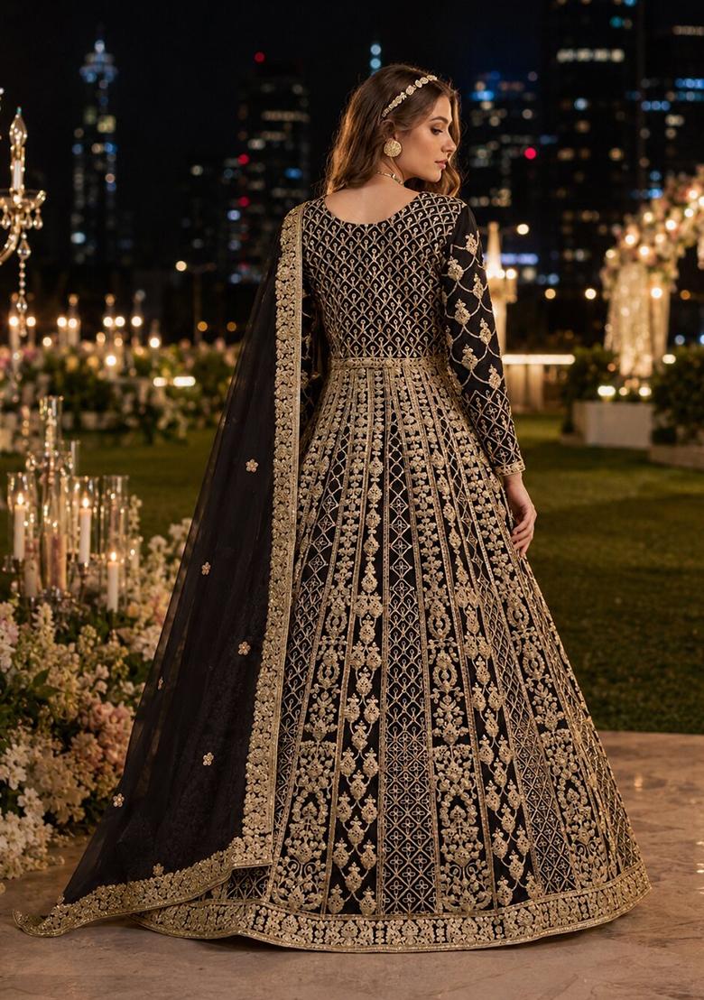 Black Embroidery Net Anarkali With Dupatta - Indya