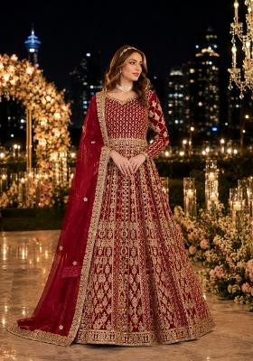 Maroon Embroidery Net Anarkali With Dupatta