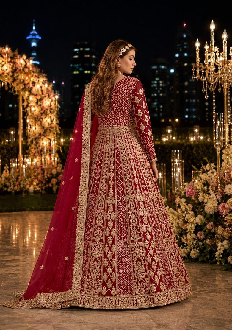 Maroon Embroidery Net Anarkali With Dupatta - Indya
