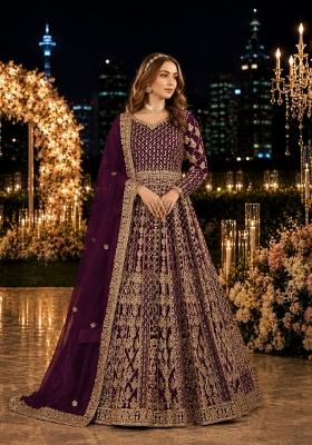 Purple Embroidery Net Anarkali With Dupatta