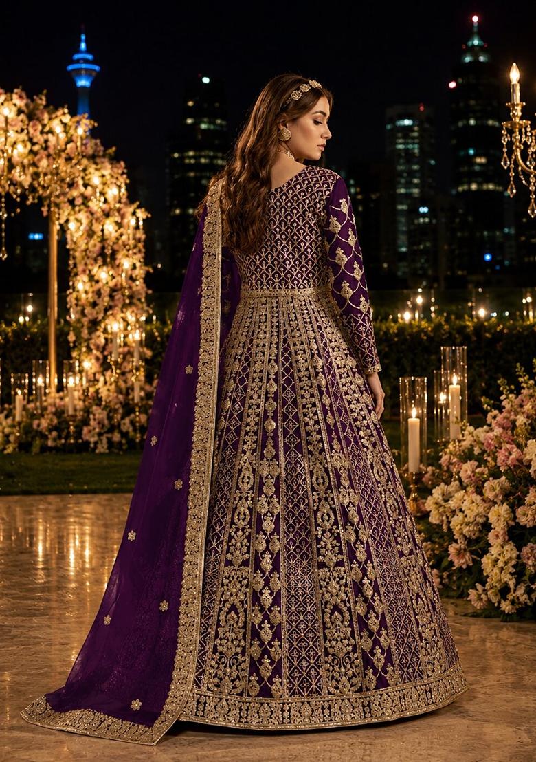 Purple Embroidery Net Anarkali With Dupatta - Indya