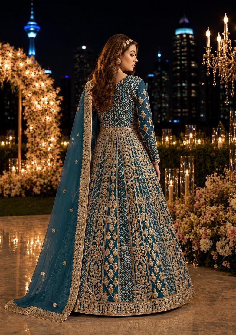 Teal Embroidery Net Anarkali With Dupatta - Indya