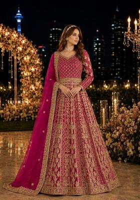 Rani Pink Embroidery Net Anarkali With Dupatta