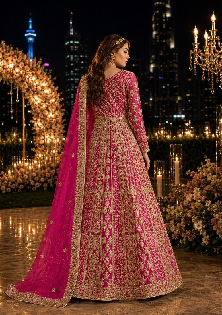 Rani Pink Embroidery Net Anarkali With Dupatta - Indya