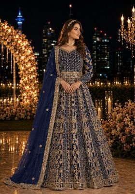 Navy Blue Embroidery Net Anarkali With Dupatta