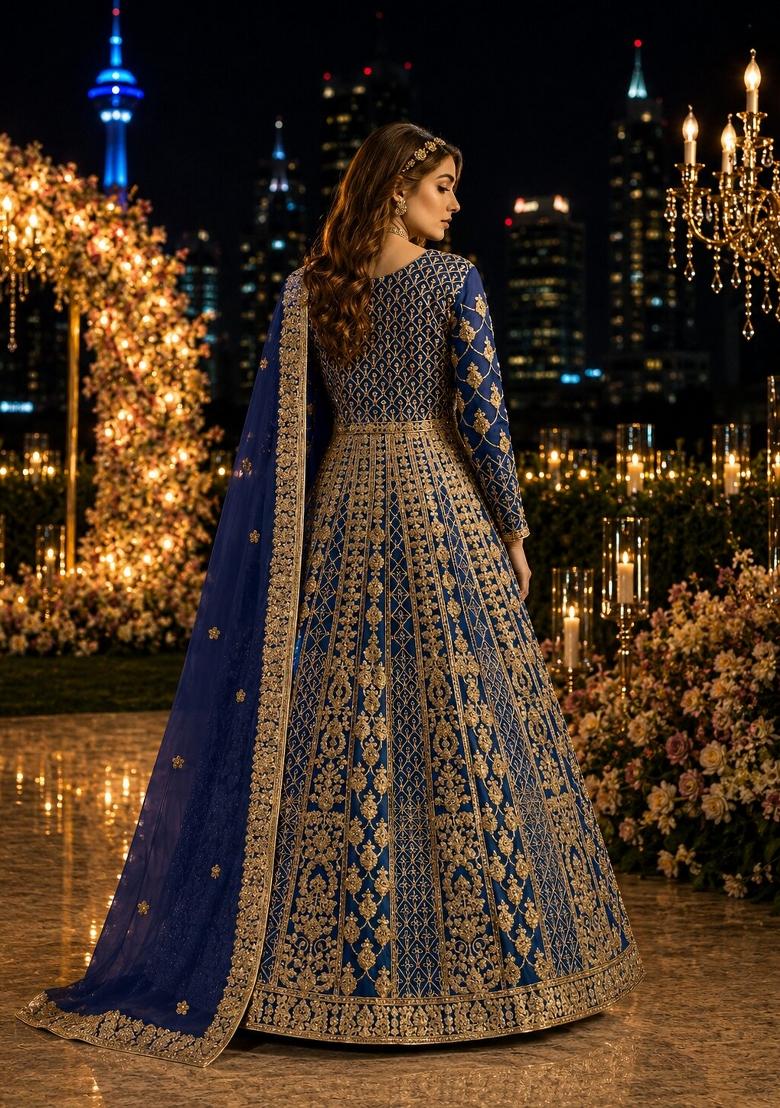 Navy Blue Embroidery Net Anarkali With Dupatta - Indya