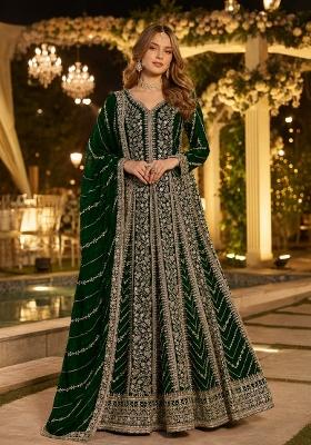 Dark Green Embroidery Georgette Anarkali With Dupatta