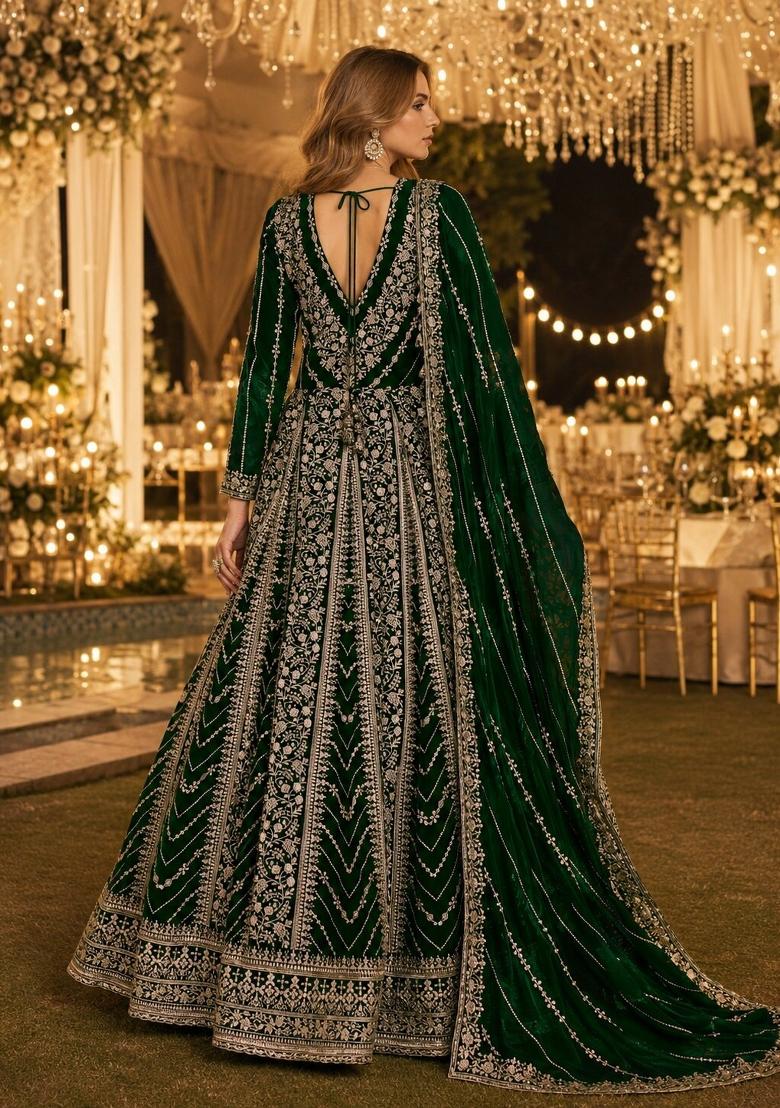 Dark Green Embroidery Georgette Anarkali With Dupatta - Indya