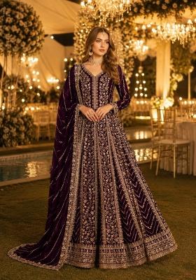 Purple Embroidery Georgette Anarkali With Dupatta