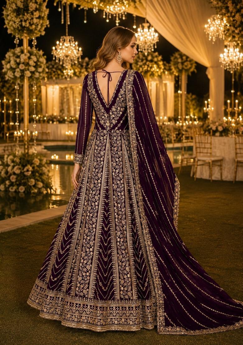 Purple Embroidery Georgette Anarkali With Dupatta - Indya