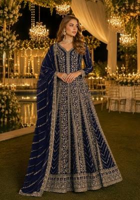 Navy Blue Embroidery Georgette Anarkali With Dupatta