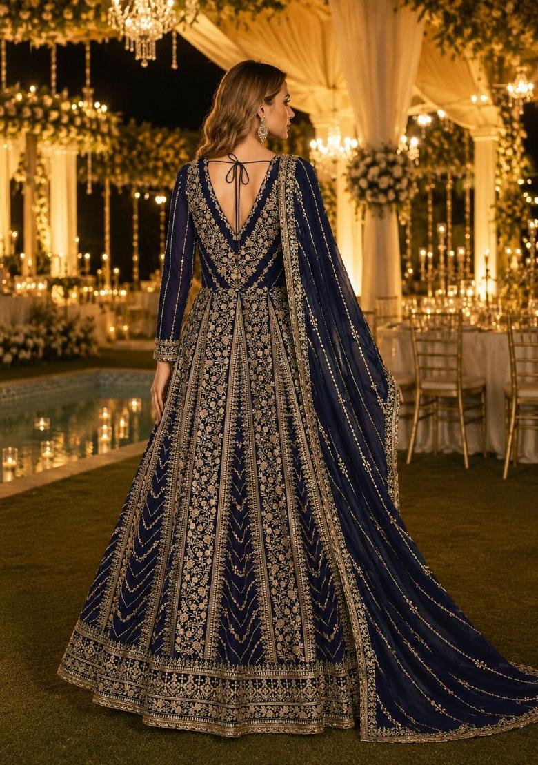 Navy Blue Embroidery Georgette Anarkali With Dupatta - Indya