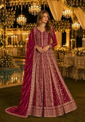 Dark Pink Embroidery Georgette Anarkali With Dupatta