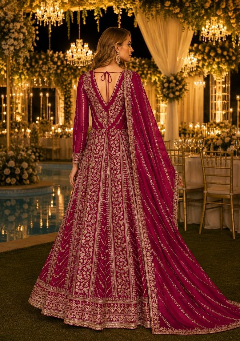 Dark Pink Embroidery Georgette Anarkali With Dupatta - Indya