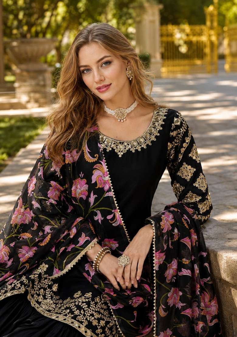 Black Embroidery Silk Punjabi Suit Set - Indya