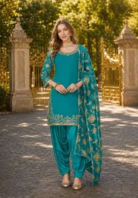 Teal Blue Embroidery Silk Punjabi Suit Set