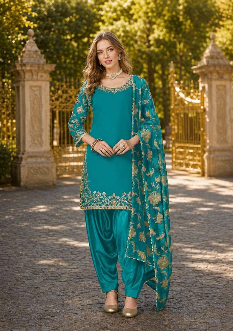 Teal Blue Embroidery Silk Punjabi Suit Set - Indya