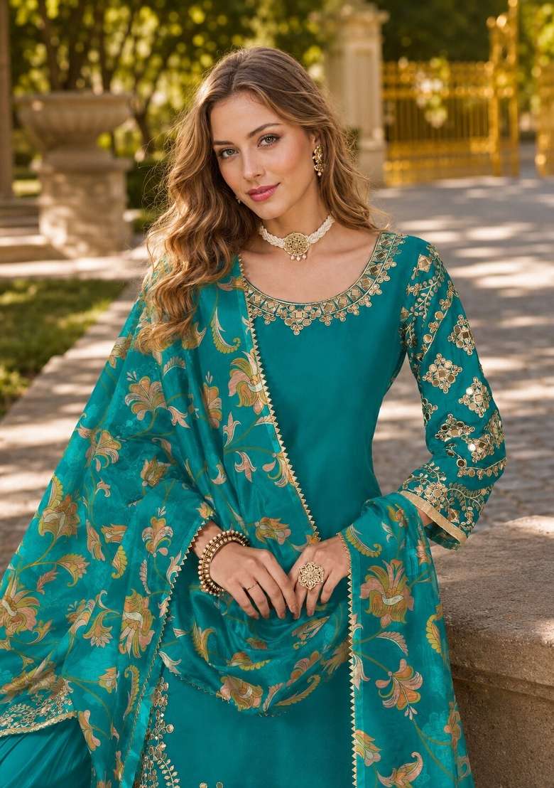 Teal Blue Embroidery Silk Punjabi Suit Set - Indya