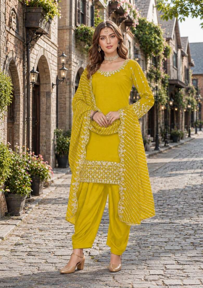 Yellow Embroidery Silk Punjabi Suit Set - Indya