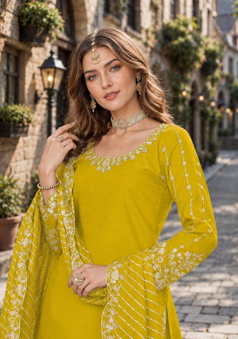 Yellow Embroidery Silk Punjabi Suit Set - Indya