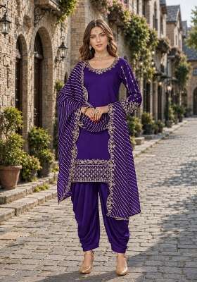 Purple Embroidery Silk Punjabi Suit Set