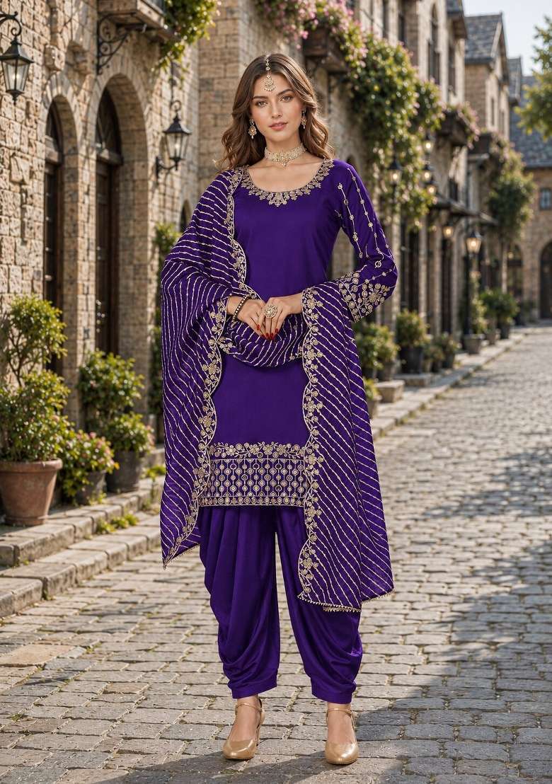 Purple Embroidery Silk Punjabi Suit Set - Indya