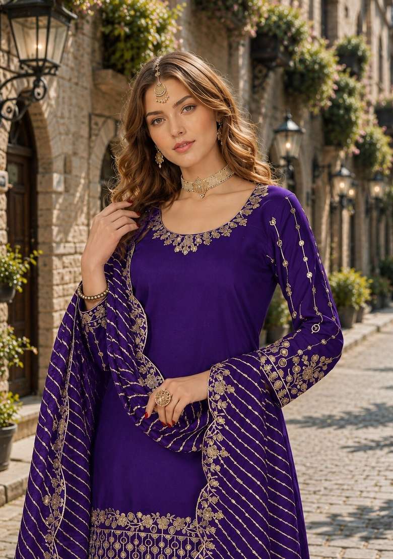Purple Embroidery Silk Punjabi Suit Set - Indya
