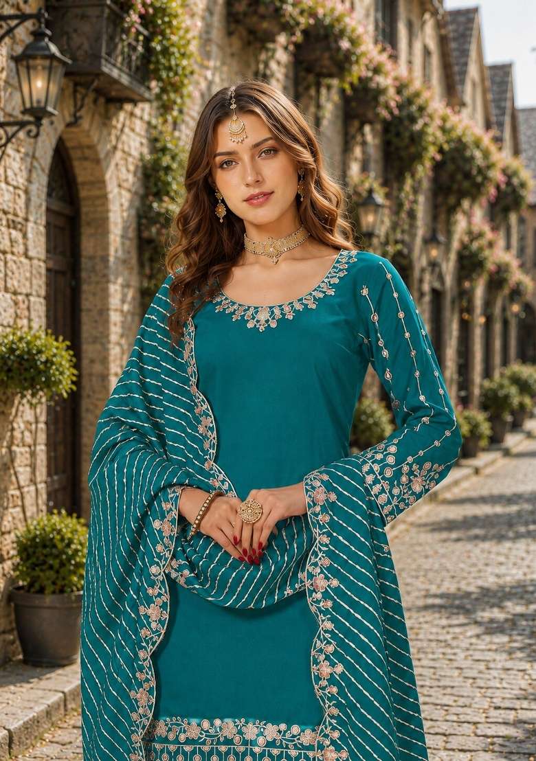 Turquoise Embroidery Silk Punjabi Suit Set - Indya