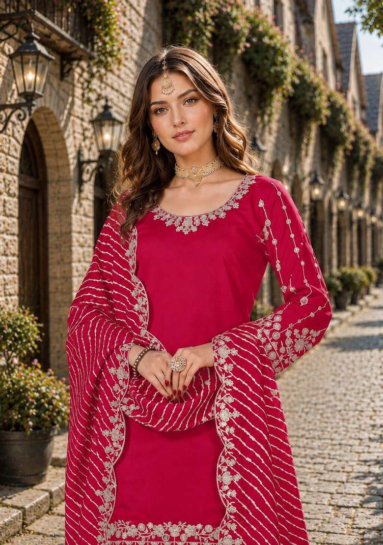 Red Embroidery Silk Punjabi Suit Set - Indya
