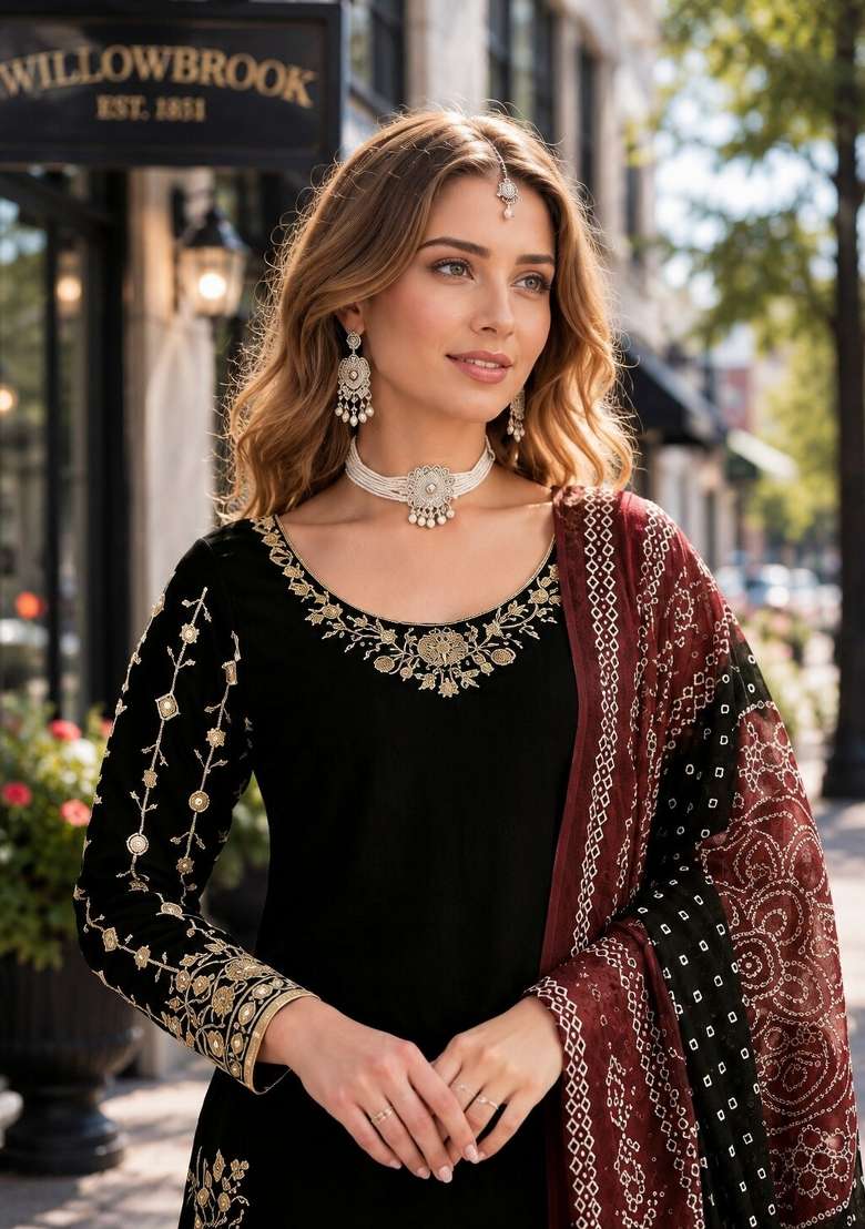 Black Embroidery Silk Punjabi Suit Set - Indya