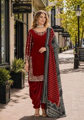 Red Embroidery Silk Punjabi Suit Set