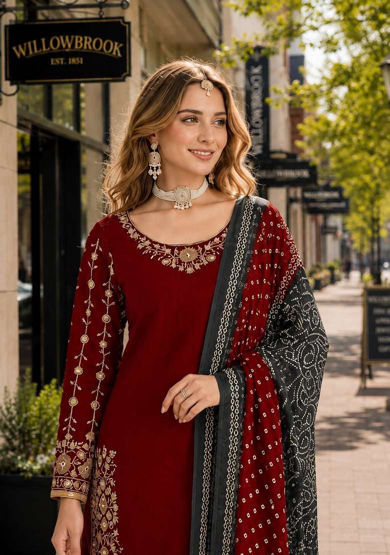 Red Embroidery Silk Punjabi Suit Set - Indya
