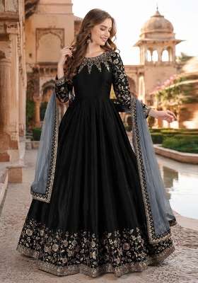 Black Embroidery Silk Anarkali Set