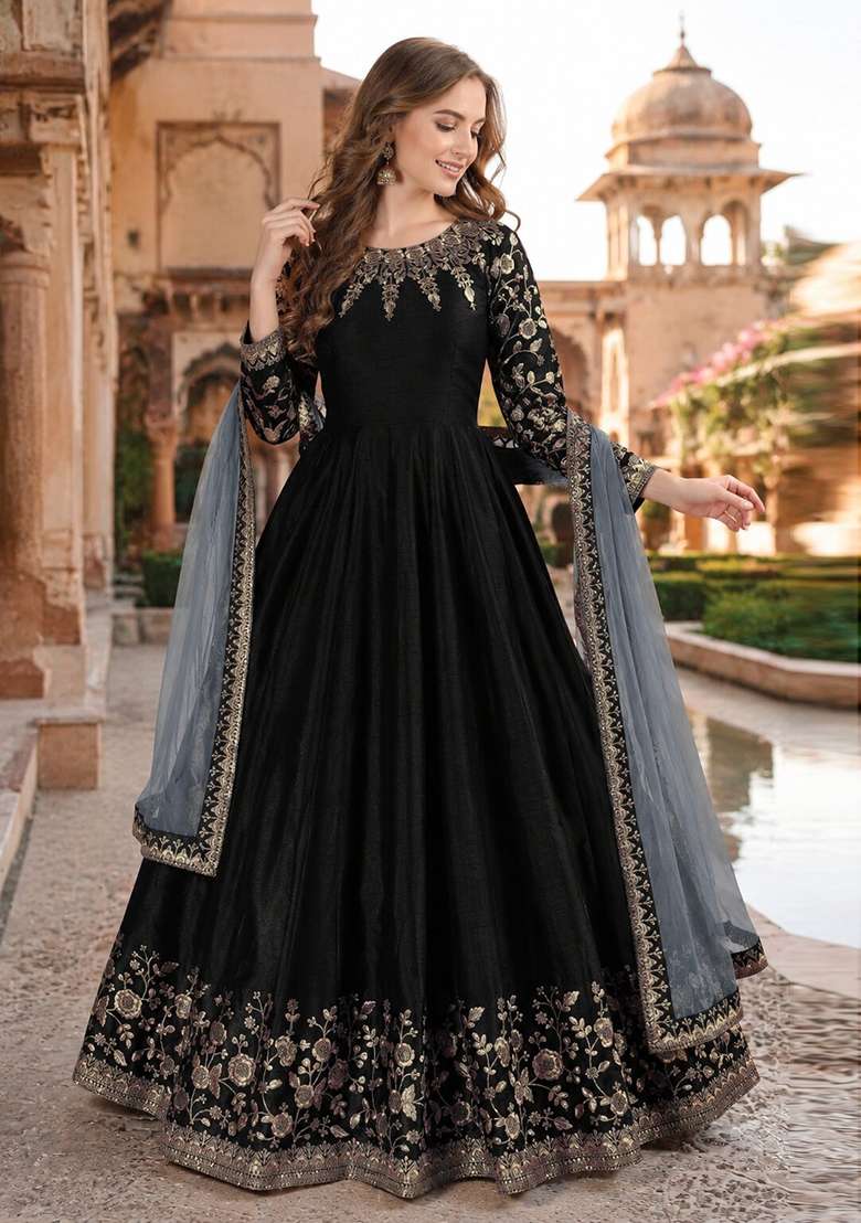 Black Embroidery Silk Anarkali Set - Indya