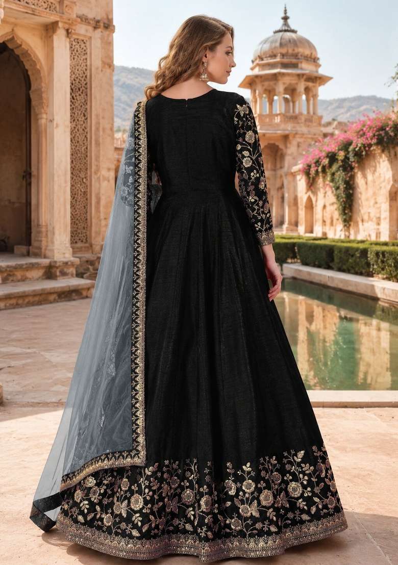 Black Embroidery Silk Anarkali Set - Indya