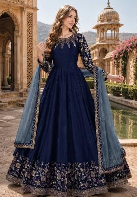 Navy Blue Embroidery Silk Anarkali Set