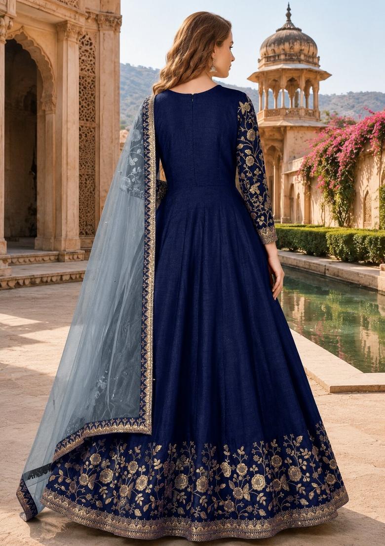 Navy Blue Embroidery Silk Anarkali Set - Indya