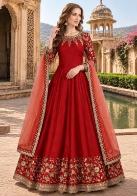 Red Embroidery Silk Anarkali Set