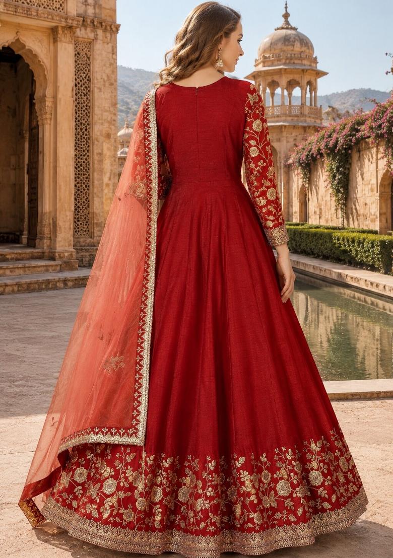 Red Embroidery Silk Anarkali Set - Indya
