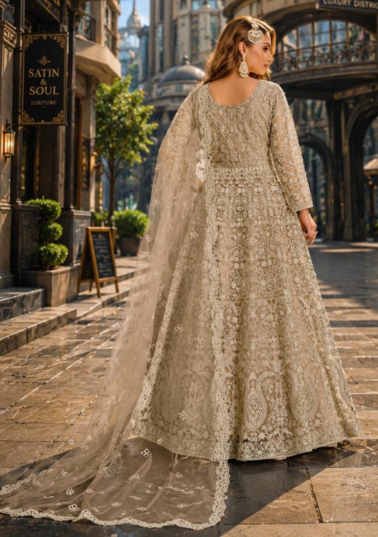 Mehendi Embroidery Net Anarkali Set - Indya