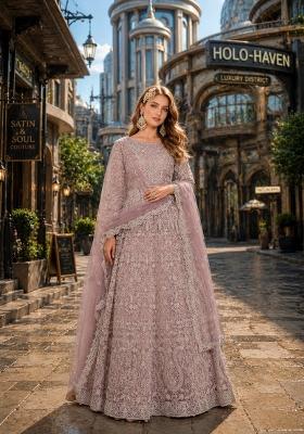Purple Embroidery Net Anarkali Set