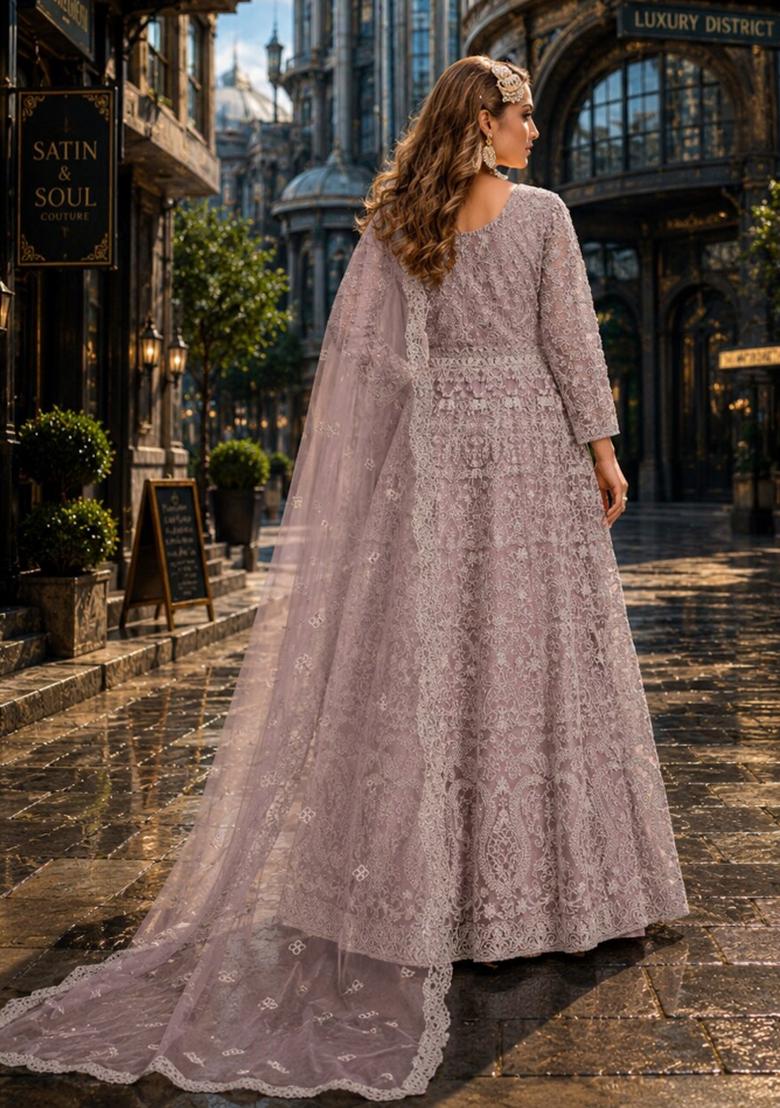 Purple Embroidery Net Anarkali Set - Indya