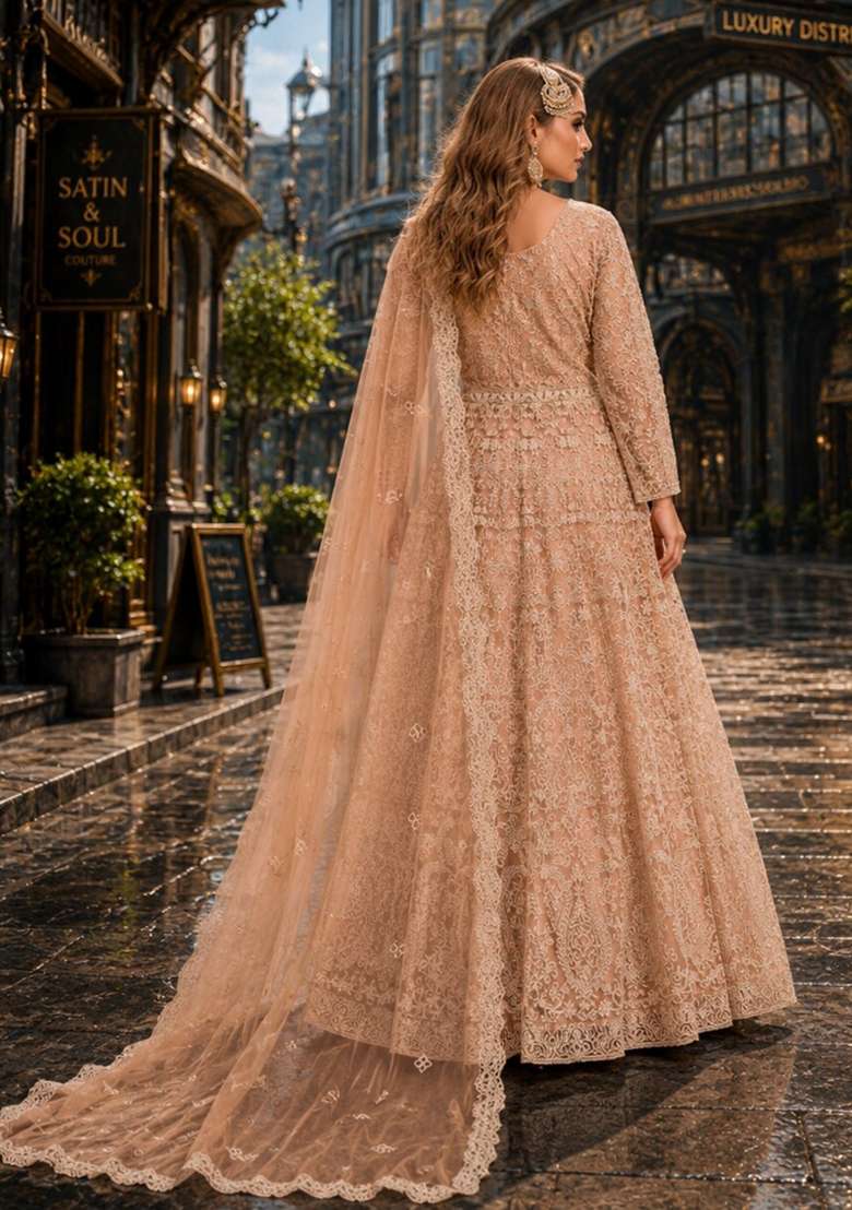 Peach Embroidery Net Anarkali Set - Indya
