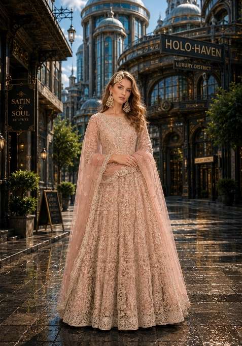 Peach Embroidery Net Anarkali Set