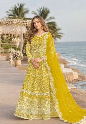 Yellow Embroidery Net Anarkali Set