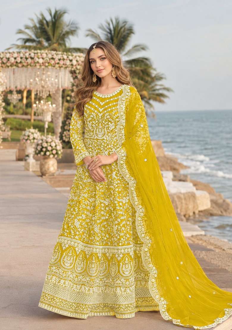 Yellow Embroidery Net Anarkali Set - Indya