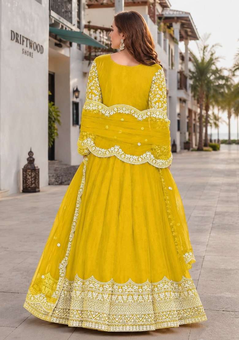 Yellow Embroidery Net Anarkali Set - Indya