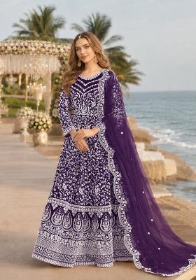 Purple Embroidery Net Anarkali Set