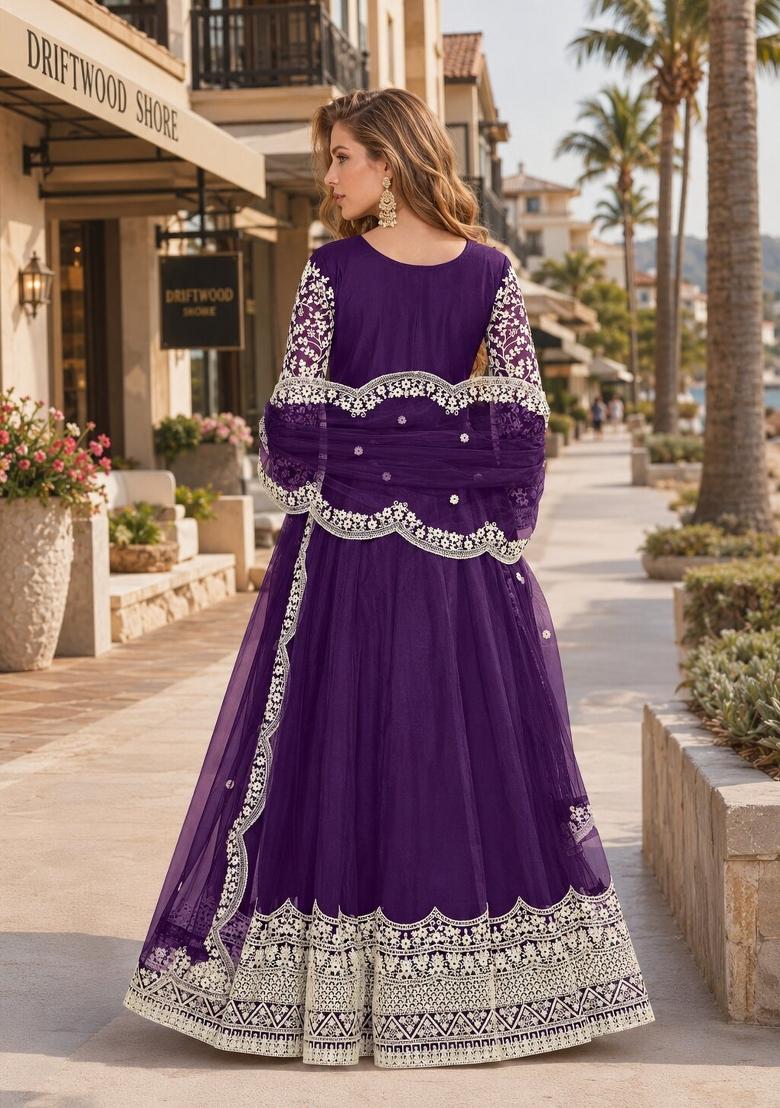 Purple Embroidery Net Anarkali Set - Indya